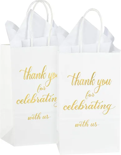 DjinnGlory Paquete de 50 bolsas de regalo de papel dorado de tamaño pequeño con texto en inglés "Thank You for Celebrating with Uss" con papel de