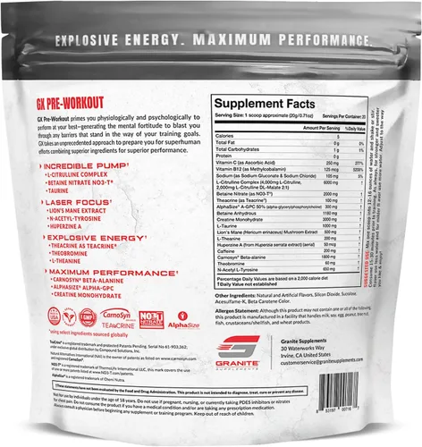 Miniatura 2 de Granite GX - Suplemento preentrenamiento, sabor mandarina explosiva, apoya la concentración, la energía y el rendimiento con teacrina, L-citrulina