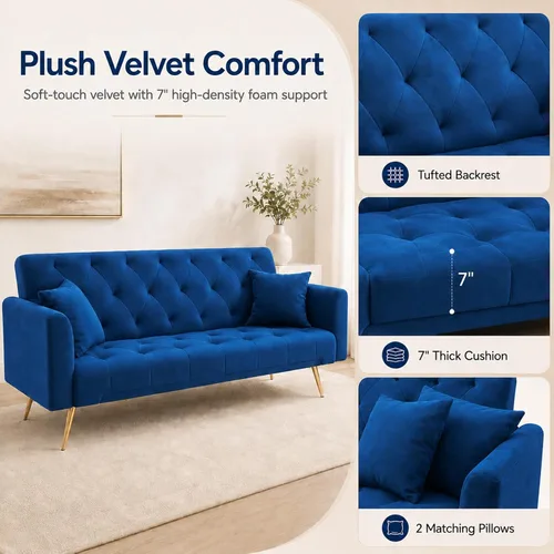 Miniatura 7 de Majnesvon Sofá cama plegable convertible de 71 pulgadas, moderno sofá biplaza de terciopelo con 2 almohadas, sofá cama futón con colchón y marco Azul