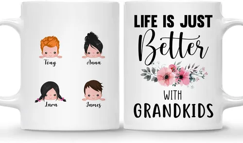 Miniatura 14 de Gossby Taza personalizada Life is Better With GrandKIDS (1 niño), taza personalizada de regalo para abuelos con avatares de nietos, nombres, 11