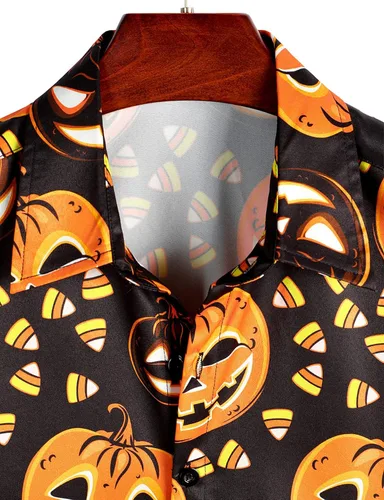 Miniatura 3 de VATPAVE Camisas de manga corta con botones de calabaza de Halloween para hombre