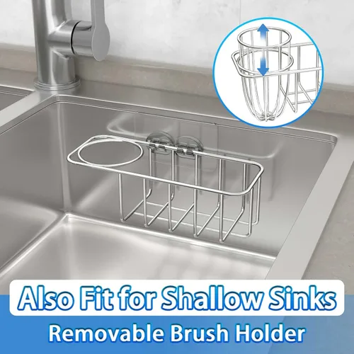 Miniatura 7 de HULISEN Soporte de esponja 3 en 1 para fregadero de cocina con soporte para cepillo de platos, organizador de acero inoxidable para jabón, fregador