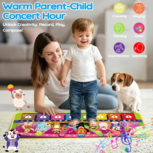 Miniatura 4 de MOMUSE - Alfombrilla de piano musical en 5 idiomas (EN/DE/FR/IT/ES) para niños y niñas de 3 a 4 años, juguete educativo multilingüe con 9 animales