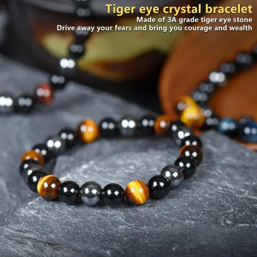 Miniatura 11 de SAMXY Triple Protection Bracelet, 8mm Healing Crystal Bead Bracelet, 3pcs Blue Red Tiger's Eye Obsidian Hematite Bracelet Women Men