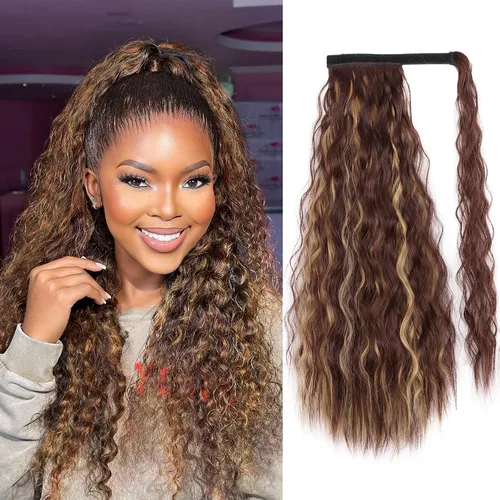 Miniatura 17 de Extensión de cola de caballo ondulada larga con pegamento mágico, resistente al calor, sintética, para envolver, cabello ondulado, para mujer
