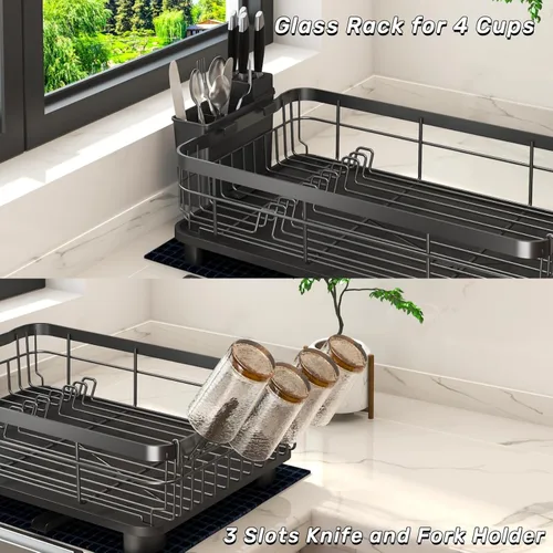 Miniatura 7 de Godboat Escurridor de platos, escurridor de platos con drenaje automático y alfombra, escurridor de platos para encimera de cocina, organizador