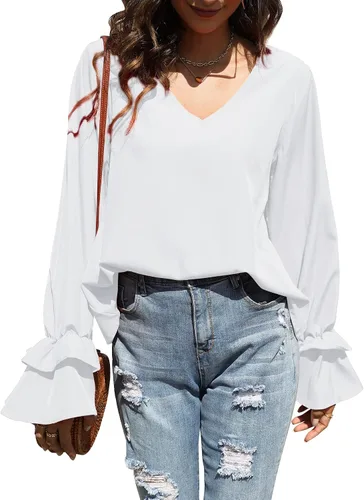 Miniatura 3 de LYANER Blusa casual de manga larga con cuello en V y volantes para mujer