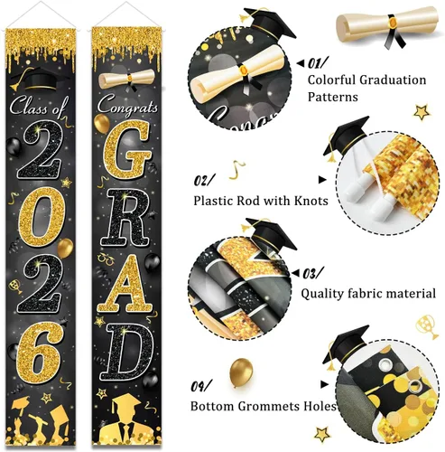Miniatura 4 de Decoraciones de graduación negras y doradas para la clase de 2026 con texto en inglés "Congrats Grad and You Did It" para suministros de fiesta
