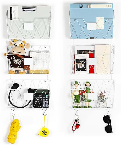 Miniatura 10 de OYEAL Organizador de archivos de pared colgante de metal, 3 bolsillos, organizador de correo montado en la pared con ganchos para oficina y hogar