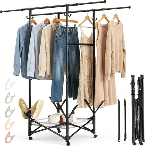 Tendedero portátil plegable para ropa – Varillas ajustables dobles extensibles (33.1 a 56.7 pulgadas) – Diseño fácil de no montar que ahorra espacio