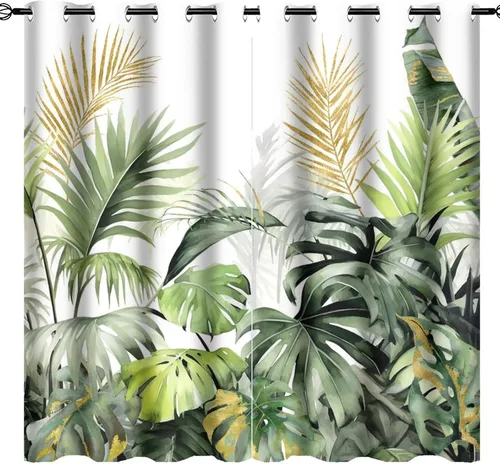 Miniatura 34 de Cortinas abstractas de hojas tropicales, acuarela tropical, hojas de palma, verano hawaiano, plátano, aislamiento térmico, cortinas completas