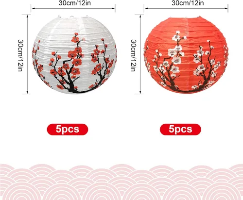 Miniatura 2 de Hoypeyfiy Paquete de 10 linternas de papel de flor de cerezo, 12 pulgadas, linternas japonesas Sakura rojas y blancas, linternas de papel redondas