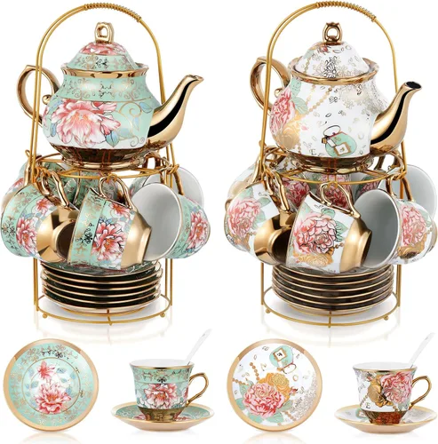 Miniatura 21 de Zhehao Juego de té de porcelana de 20 piezas con soporte de metal y cuchara para adultos, juego de té de cerámica para adultos, pintura de flores