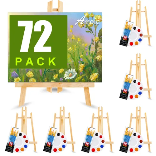 Set profesional de pintura AROIC de 72 piezas con caballetes, 6 caballetes de madera, 6 paquetes de 60 pinceles con cabeza de nylon y 6 paletas, kit