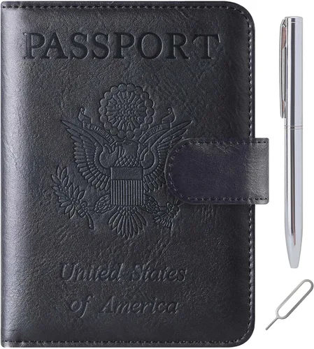 Miniatura 13 de Funda para pasaporte, cartera, artículos esenciales de viaje, de cuero, estuche con bloqueo RFID, equipaje de vacaciones, artículos imprescindibles