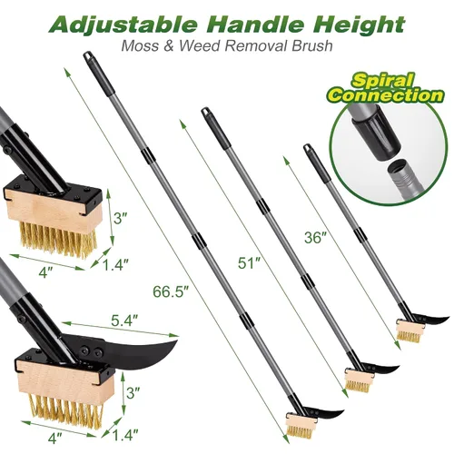 Miniatura 8 de Walensee Cepillo 3 en 1 para eliminar grietas y musgo con mango ajustable de 66.5 pulgadas, extractor de malezas con 2 cabezales de cepillo