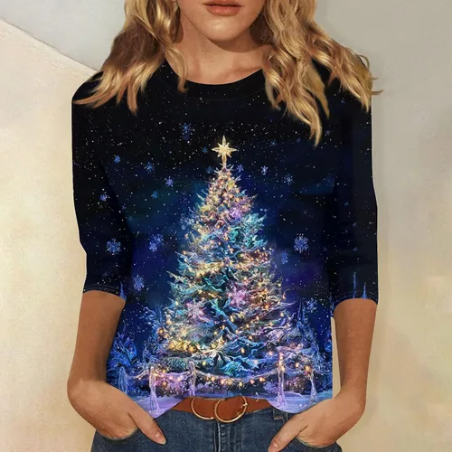 Miniatura 18 de Camisetas de manga 3/4 para mujer, cuello redondo, holgadas, casuales, con estampado floral, camisetas de moda para el trabajo de negocios