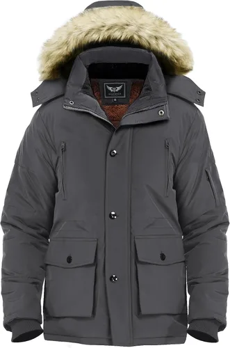 Miniatura 6 de JYG - Chaqueta de invierno gruesa para hombre, parka acolchada con capucha extraíble de piel sintética