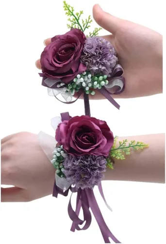 Miniatura 4 de Rikyo Juego de 2 ramilletes de muñeca de flores de rosas y flores de seda para novia y novio, decoración de pasteles y fiestas (verde negruzco)