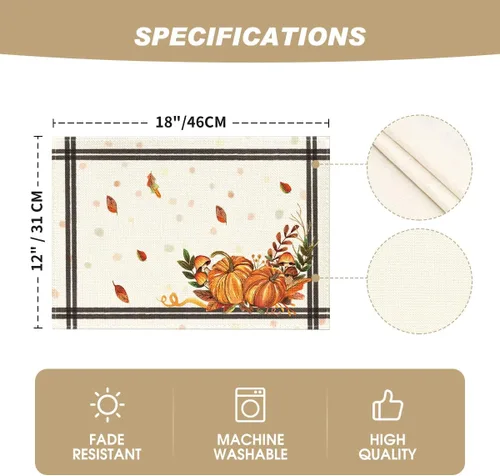 Miniatura 5 de Artoid Mode Juego de 2 manteles individuales de otoño y hojas de calabaza, 12 x 18 pulgadas, para decoración de fiestas, cocina, comedor