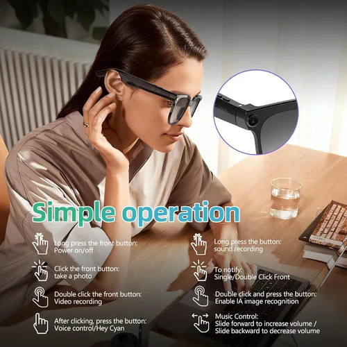 Miniatura 4 de Lentes inteligentes AI con cámara, 8MP HD Bluetooth gafas con reducción de ruido ENC, lentes reemplazables, control de voz, reproducción de música