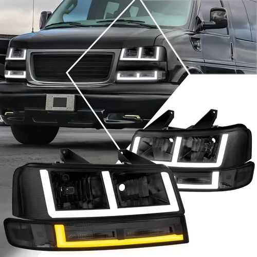 Miniatura 9 de PM PERFORMOTOR [4 piezas] Faros LED DRL en forma de E + lámparas de parachoques compatibles con Chevy Express 03-24/GMC Savana, carcasa