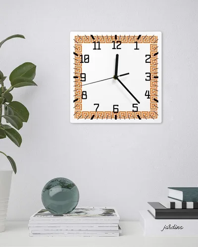 Miniatura 3 de Reloj de pared de madera geométrico naranja, silencioso, sin tictac, diseño de llave griega, tradicional, retro, cuadrado, funciona con pilas, reloj