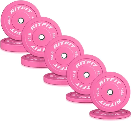 Miniatura 18 de RITFIT Placas de peso rosas, placa de pesas olímpicas de 2 pulgadas, placas de parachoques con inserto de acero, pesas rosas para gimnasio y hogar