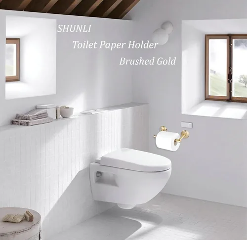 Miniatura 2 de Soporte de papel higiénico dorado cepillado para baño, soporte de rollo de papel higiénico giratorio de doble poste, soporte de TP desmontable
