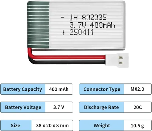 Miniatura 2 de HAWK'S WORK 2 baterías Lipo de 3.7 V, batería recargable de polímero de litio de 400 mAh para helicóptero RC Avión Drone todos los modelos