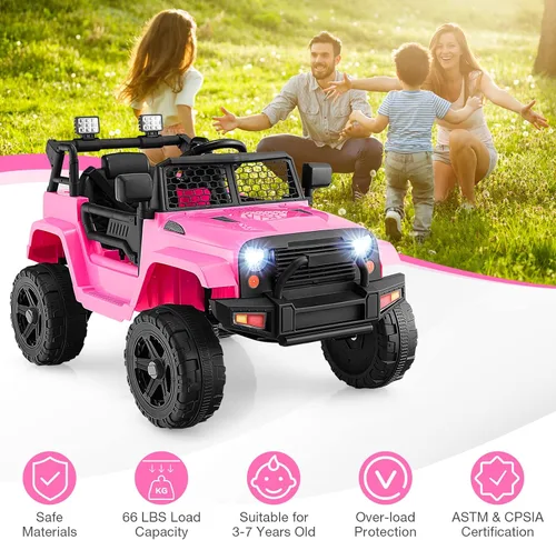 Miniatura 6 de HONEY JOY - Camión de paseo rosa con batería de 12 V con control remoto, suspensión de resorte, faros, música, parabrisas de malla, autos eléctricos