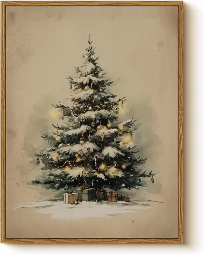 Miniatura 14 de Arte de pared con trineo, árbol navideño y cajas de regalo, 12 x 16 pulgadas, lienzo enmarcado de Navidad, cuadro rústico festivo, obra de arte