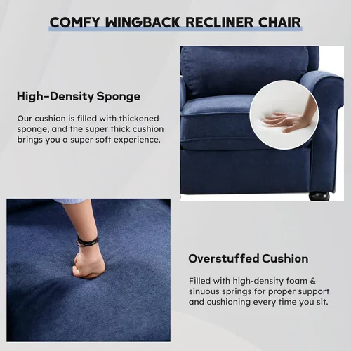 Miniatura 6 de Bonzy Home Sillón reclinable de tela manual para adultos, silla reclinable para sala de estar y dormitorio de color azul marino