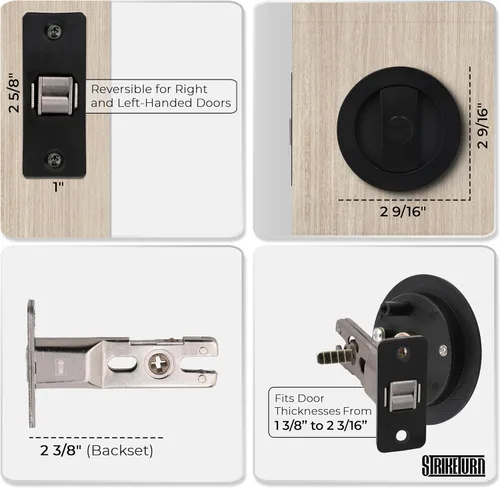Miniatura 5 de Cerradura de puerta redonda de bolsillo negro mate de alta calidad, diseño moderno reversible de hardware de puerta de bolsillo con mango