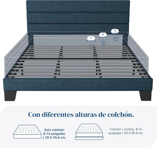 Miniatura 7 de Allewie - Base de cama tamaño King con cabecera tapizada en tela y soporte de listones de madera; base de colchón completamente tapizada; no Azul