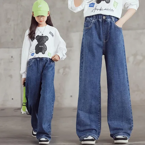 Miniatura 5 de birbyrrly Pantalones de mezclilla de pierna ancha para niñas, holgados, cintura elástica, pantalones de mezclilla casuales con bolsillos