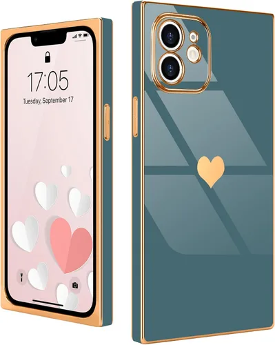 Miniatura 75 de Compatible con iPhone 12 Funda Rectangular Bonita Chapado Dorado Lujo Corazón de Amor Funda de Teléfono para Mujeres Niñas A Prueba de Golpes