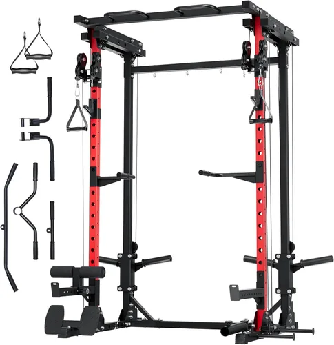 Miniatura 16 de MAJOR FITNESS Drone3 Power Rack, banco de sentadillas para gimnasio en casa de 2500lbs multifunción con sistema de polea doble, barra de tracción