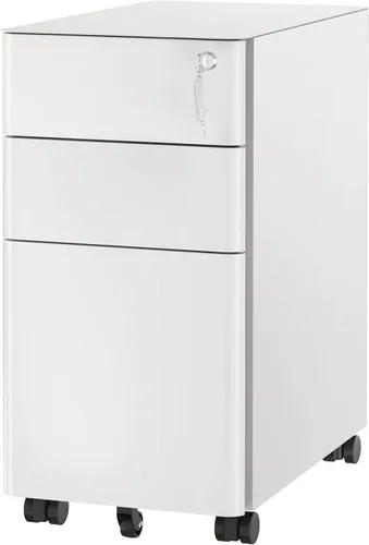 Mount-It! Archivador delgado de 3 cajones blanco con cerradura, archivador móvil de metal sobre ruedas, cajones de almacenamiento debajo del