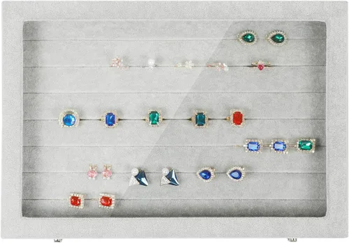Miniatura 5 de Stylifing Organizador de aretes de anillo con tapa transparente de 7 ranuras, bandeja de joyería, organizador de cajones con cerradura para novia