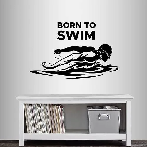 Vinilo de pared para decoración del hogar, calcomanía artística Born to Swim Frase Cita Nadar Hombre Mariposa Estilo Nadador Nadar Deportes