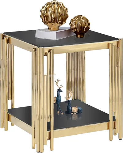 Miniatura 10 de Mesa de centro de vidrio templado de 31.5 pulgadas, moderna mesa de té dorada de 2 niveles con estante inferior, mesas centrales de lujo con marco
