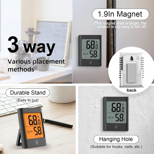 Miniatura 4 de Termómetro interior para el hogar, paquete de 2 sensores de humedad higrómetro con luz de fondo para dormitorio, invernadero, garaje.