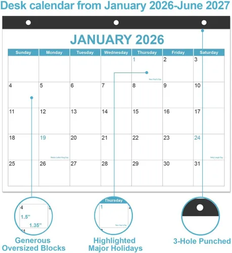 Miniatura 2 de Calendario 2026 para carpeta de 3 anillas, calendario de escritorio 2026-2027 de enero de 2026 a junio de 2027, calendario de 18 meses con papel Azul