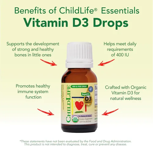 Miniatura 6 de ChildLife Essentials Gotas orgánicas de vitamina D3, para bebés y recién nacidos, gotas de vitamina D para bebés, 400 UI por porción, apoyo