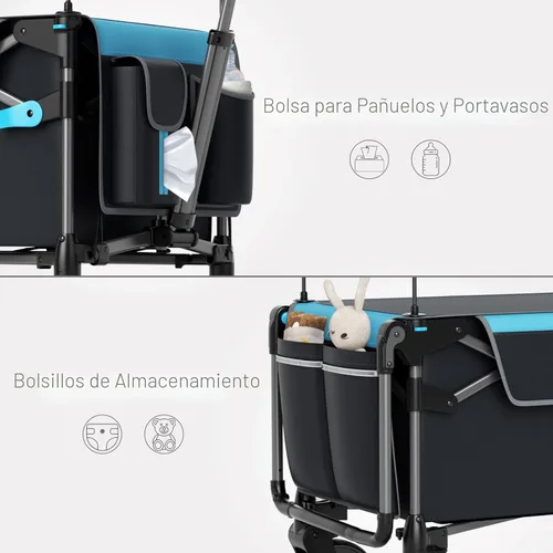 Miniatura 9 de EVER ADVANCED Vagón ultracompacto para 2 niños, vagón cochecito plegable de viaje de empujar y tirar con toldo desmontable, asas y arneses Negro