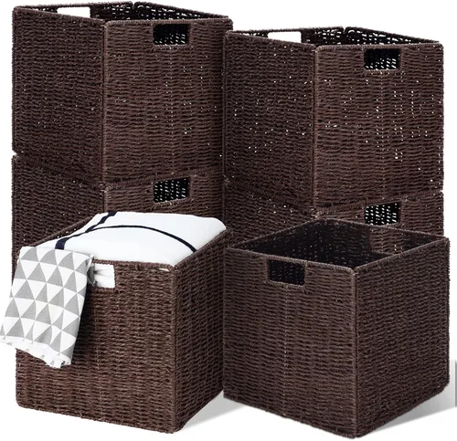 Panelee Paquete de 6 cestas de mimbre plegables de mimbre tejidas a mano, cuerda de sauce de 11 x 11 x 11 pulgadas, cubos cuadrados organizadores