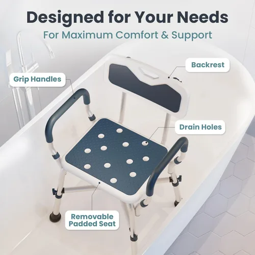 Miniatura 6 de PELEGON Silla de ducha para personas mayores y discapacitadas (450 libras) con reposabrazos y respaldo acolchados, asiento de ducha de altura