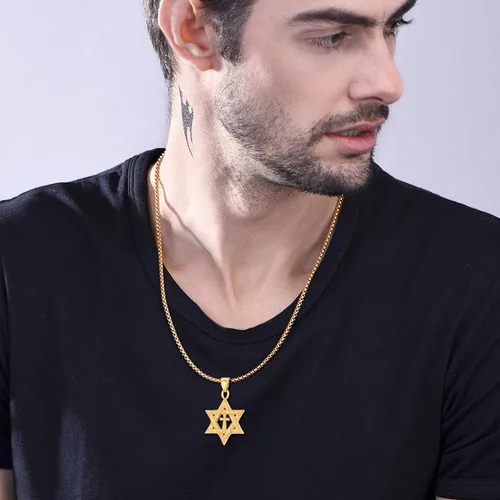 Miniatura 32 de U7 - Collar con Estrella de David para hombres y mujeres, dije hexagonal de acero inoxidable con cruz/piedra de rubí/collares clásicos judíos