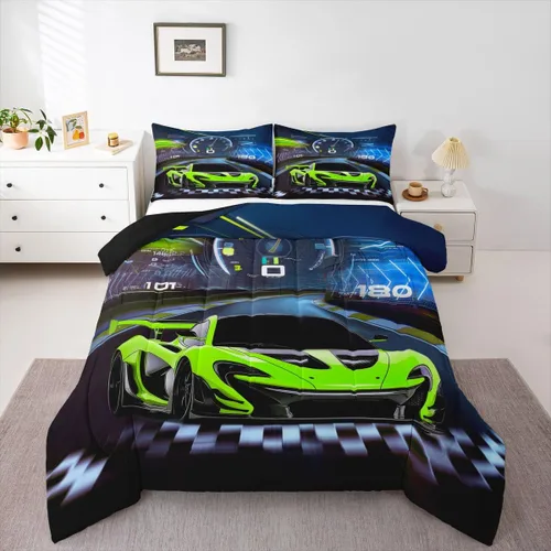 Miniatura 31 de Feelyou Juego de edredón azul de carreras para niños, juego de ropa de cama de coche deportivo para niños y niños, edredón deportivo geométrico a